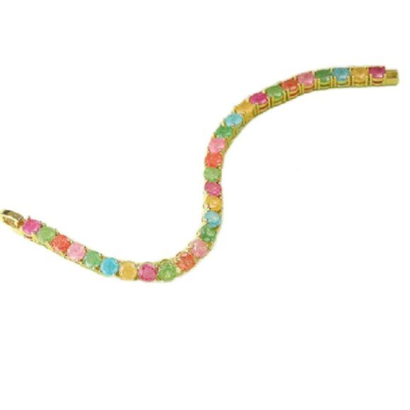 Rainbow Simulated Opal and Chalcedony 18K Gold Plated Tennis Bracelet 7 1/4" - Picture 4 of 4